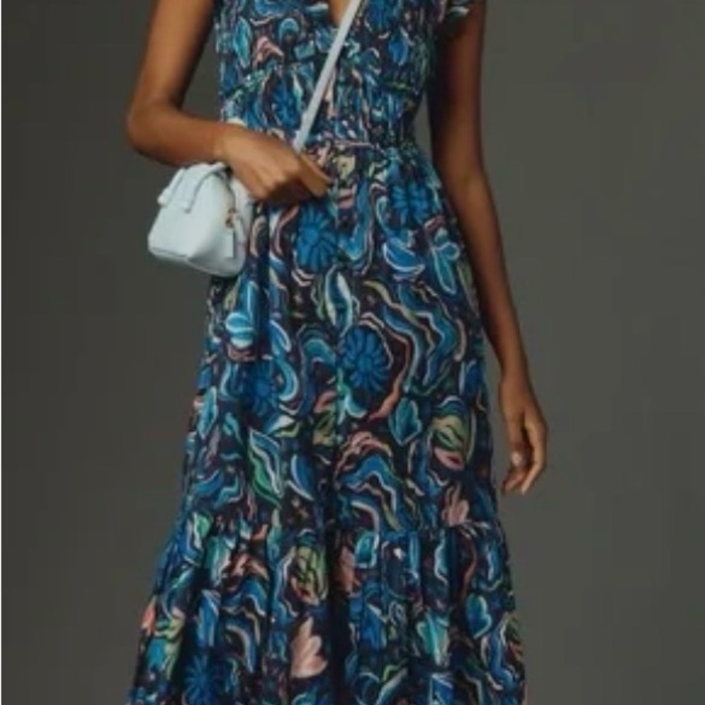 Anthropologie Blue Floral Tiered Midi Dress - The Peregrine Midi Dress